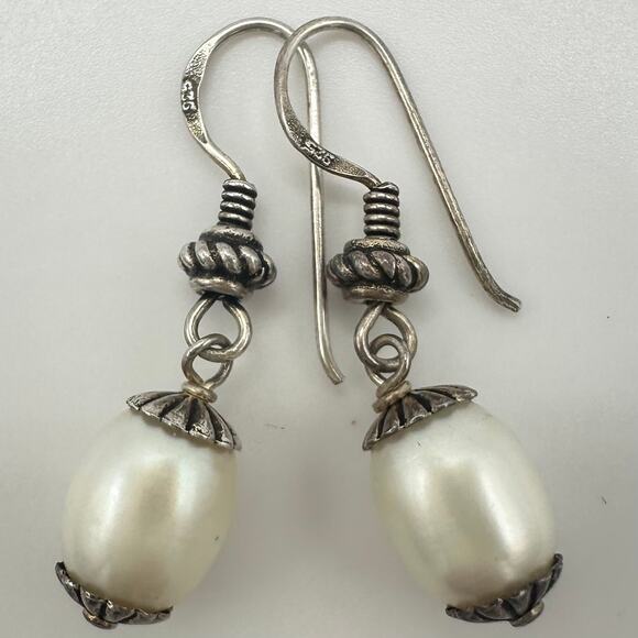 Sterling Jewelry - 925 sterling silver genuine white freshwater pearls hook dangle drop earrings